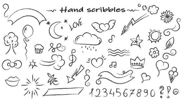 set of doodles, hand-drawn, includes hearts, clouds, musical notes and the like
