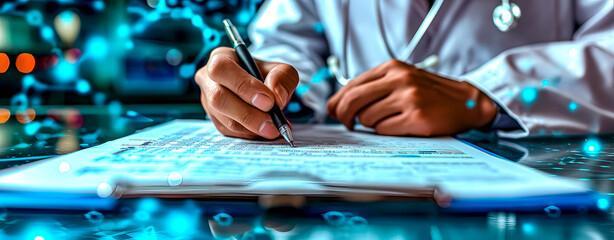 A doctor's or scientist's hand writing a report in a notebook