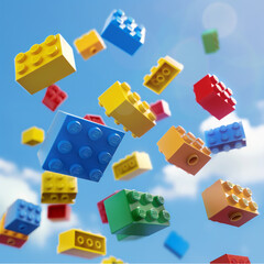 Flying Lego bricks are on the sky background.