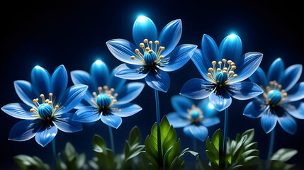 Beautiful blue flowers with yellow stamens on a dark background - obrazy, fototapety, plakaty