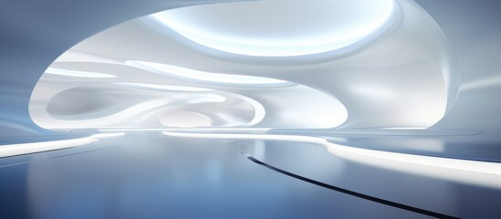 Futuristic white interior with smooth abstract design and nighttime backlight. Architectural background .