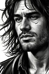 black and white portrait, a strikingly handsome man is captured with long disheveled hair and a smudged face. Generative AI