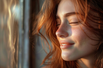 Captivating Smile Close-Up Profile of a Woman Gazing Out of a Window with Joy