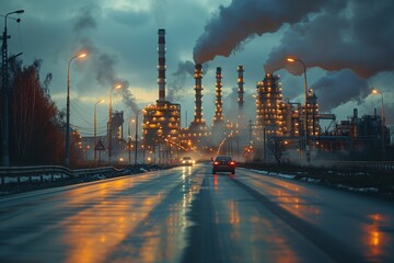 Heavy industry pollutes factory ecology catastrophe. Dirty air smog. - obrazy, fototapety, plakaty