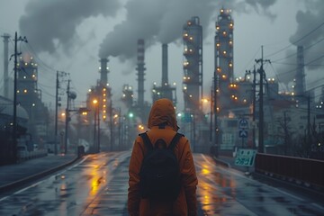 A person standing with his back looking at the industry that pollutes the atmosphere. Climate change concept - obrazy, fototapety, plakaty