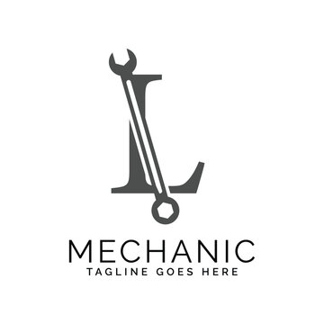 letter L logo with wrench. Alphabet L Spanner Icon design