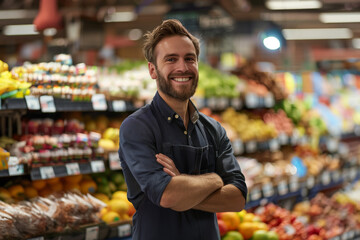 young male emloyee at the supermarket; Supermarket salesman