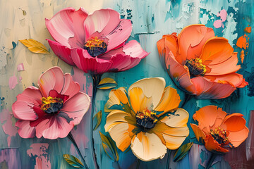 Vibrant Floral Abstraction Colorful Oil Painting of Flowers, Abstract Art Background