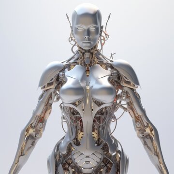 A futuristic robot with a sleek metallic exterior and intricate circuitry