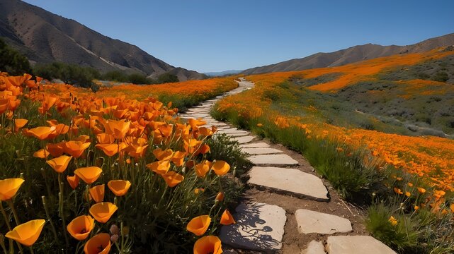 autumn in the mountains and poopy field flowers