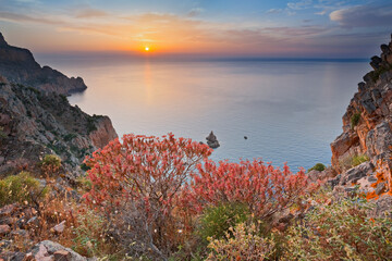 Frankreich, Korsika, Capu Rossu, Küste, Sonnenuntergang
