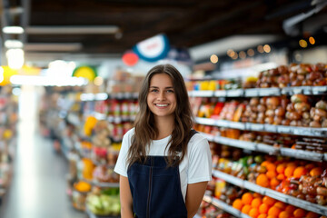 young female emloyee at the supermarket; Supermarket saleswoman