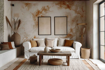 Boho Chic Living Room: Rustic Coffee Table and White Sofa with Brown Pillows in Ethnic Home Interior