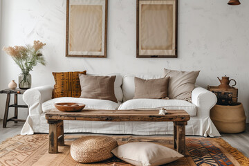 Boho Chic Living Room: Rustic Coffee Table and White Sofa with Brown Pillows in Ethnic Home Interior