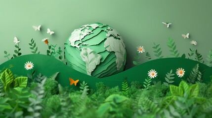 Obraz na płótnie Canvas 3d rendering Paper illustration of a green planet around plants and clean ecology