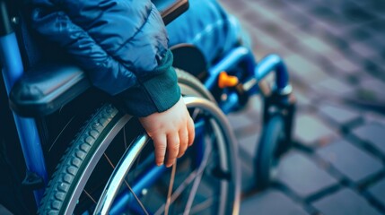 Extreme close up of a childs hands gripping the wheels of their wheelchair - obrazy, fototapety, plakaty