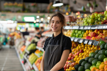 young female emloyee at the supermarket; Supermarket saleswoman - obrazy, fototapety, plakaty