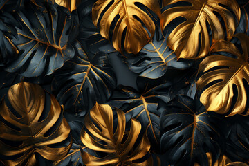 Luxurious Tropical Leaves in Gold and Black: Dark Monstera and Palm Graphic Design
