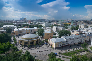 Metro station Novokuznetskaya and panorama of city in Moscow, Russia at sunny day