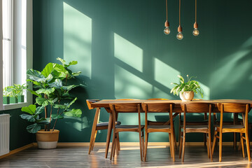 Scandinavian Mid-Century Dining Room Wooden Table and Chairs Against Green Wall