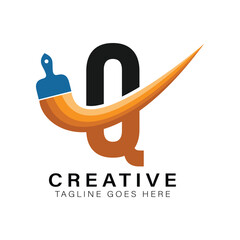 Letter Q Paint Brush Logo. Alphabet Q House Paint Business Icon