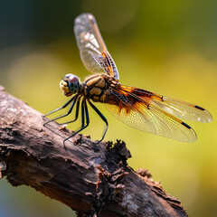 A close-up of a dragonfly on a twig.