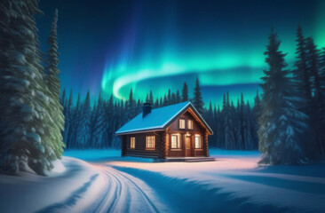 A small wooden cottage in the middle of a winter forest surrounded by trees and northern lights