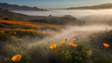 Poster mist in the mountains and autumn landscape in the fog and poppies field in the fog © Waseem