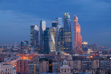 Fototapeta na wymiar Moscow International Business Center in night. Investments in Moscow International Business Center was approximately 12 billion dollars