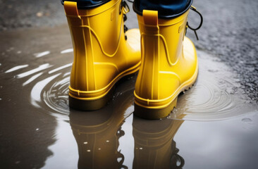 Feet in bright yellow rubber boots standing in a puddle