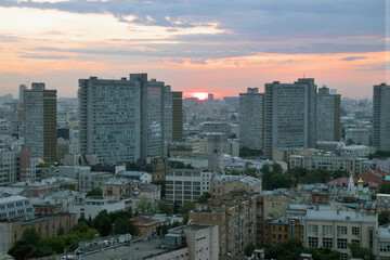 Residential area and buildings of New Arbat Street in center of Moscow, Russia during sunset