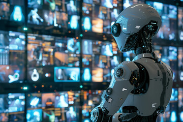 Fototapeta premium Advanced humanoid AI robot watching security surveillance monitors
