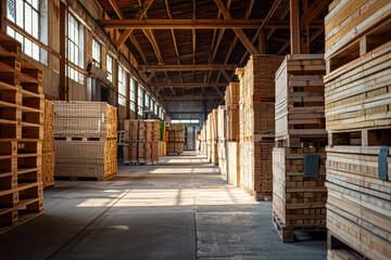 A warehouse full of wood pallets and lumber