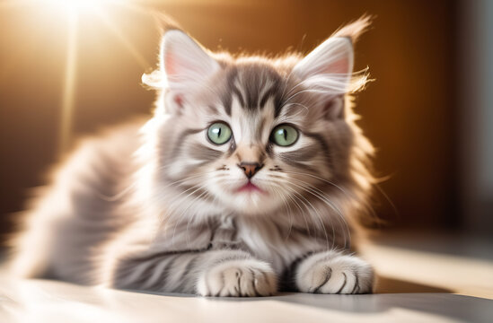 Funny large longhair gray kitten with beautiful big green eyes lying on white table. Lovely fluffy cat licking lips. Free space for text.