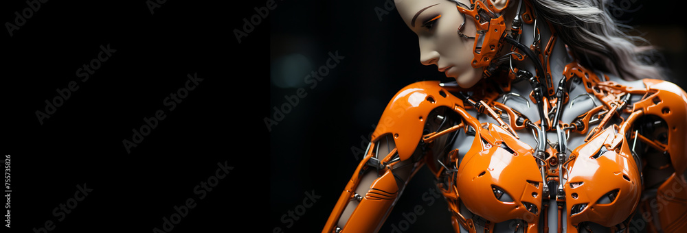 Poster close portrait of female robot android on dark background with copy space.