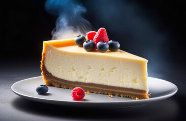 Classic cheesecake on a plate, triangular cake decorated with fresh berries, dark stylish blue background