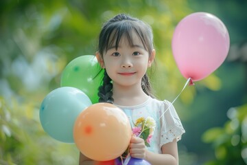Obraz premium Asian girl holding colorful balloons in her hands