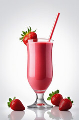 Strawberry smoothie yogurt in a transparent glass decorated with fresh fruit slices with straw