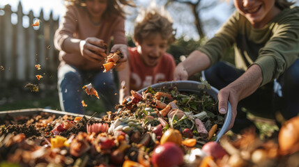 Generative AI, Family composting food waste in the garden in compost bin