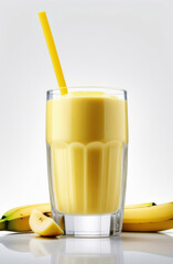Banana smoothie yogurt in a transparent glass decorated with fresh fruit slices with straw