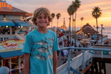 caucasian boy in light blue sweater, smiling on a beautiful sunset