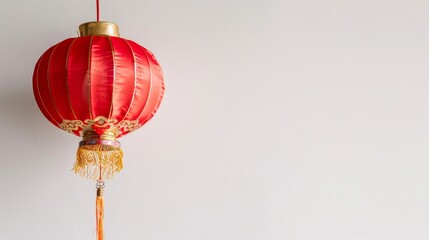 Red Chinese lantern adorned with golden tassels, suspended against a pristine white backdrop, symbolizing joy and prosperity.