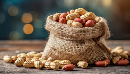 Peanuts in small burlap bag. Tasty and healthy snack. Natural backdrop.