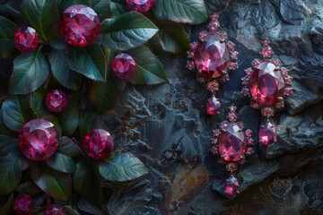 Background from ruby ​​stones and jewelry with ruby, selective focus