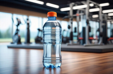 Fresh water bottle on blurred gym background, healthy lifestyle concept