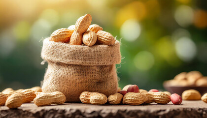 Peanuts in small burlap bag. Tasty and healthy snack. Natural backdrop.