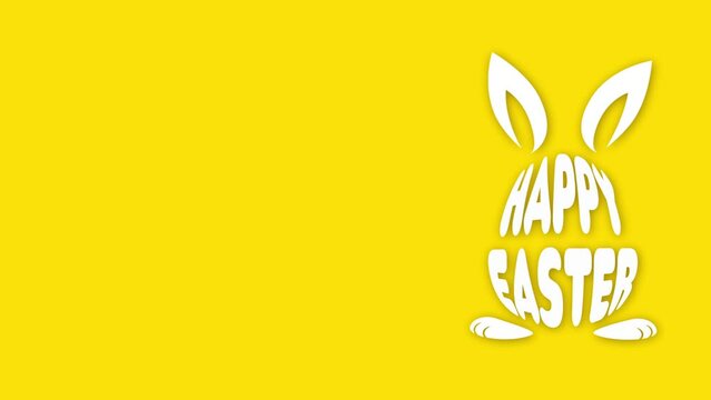 On a yellow background, a white Happy Easter text pops out in the shape of an egg with the ears and paws of a hare. Animated Easter holiday greetings . There is a lot of space for text on the left