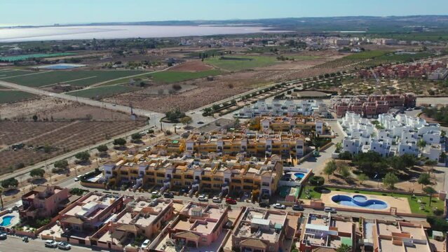 Aerial view to the Los Montesinos suburb with salt lake view. Costa Blanca. Province of Alicante, southeast of Spain