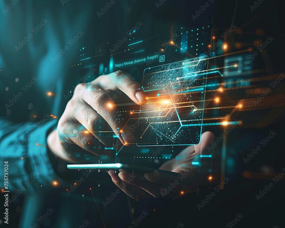 Poster futuristic interface interaction by professional close-up of a professional's hands interacting with