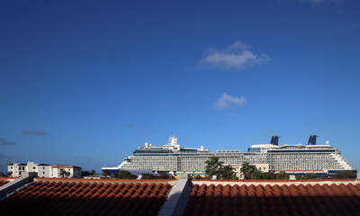 cruise liner higher than the houses of the Caribbean Island, Bonaire, Caribbean Netherlands